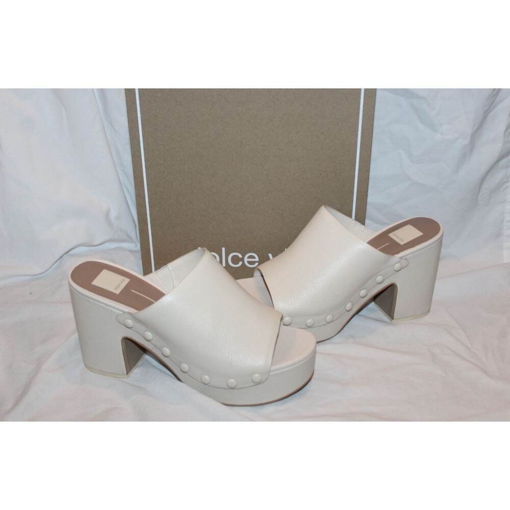 Dolce Vita Emol Ivory Leather Clogs Mules Studded Block Heels Off White Sz 10 - Picture 3 of 7